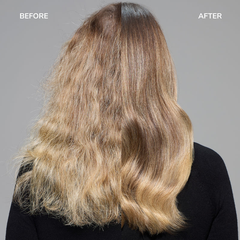 Before and after comparison of wavy hair on a gray background