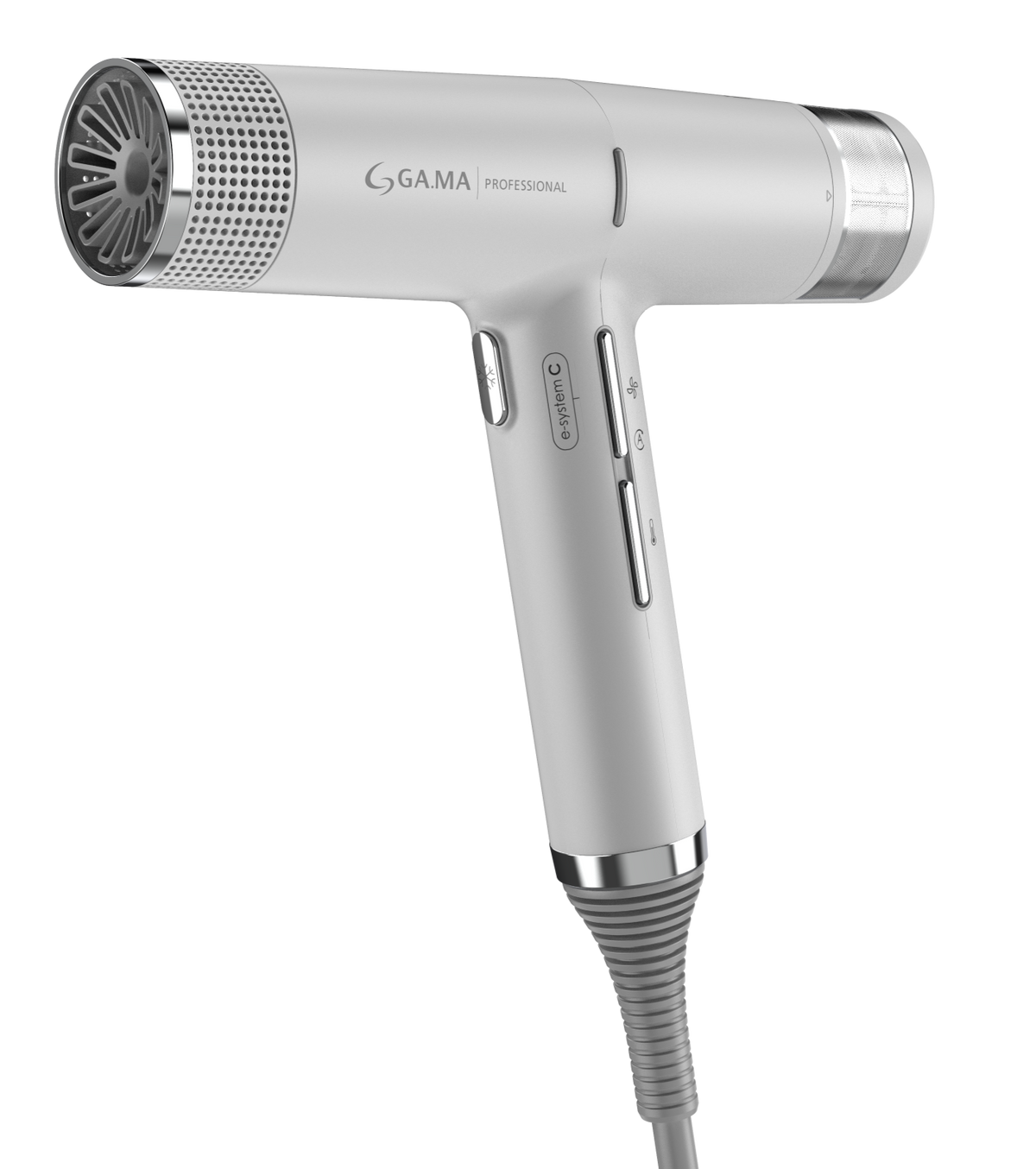 Silver hair dryer with nozzle attachment on a white background