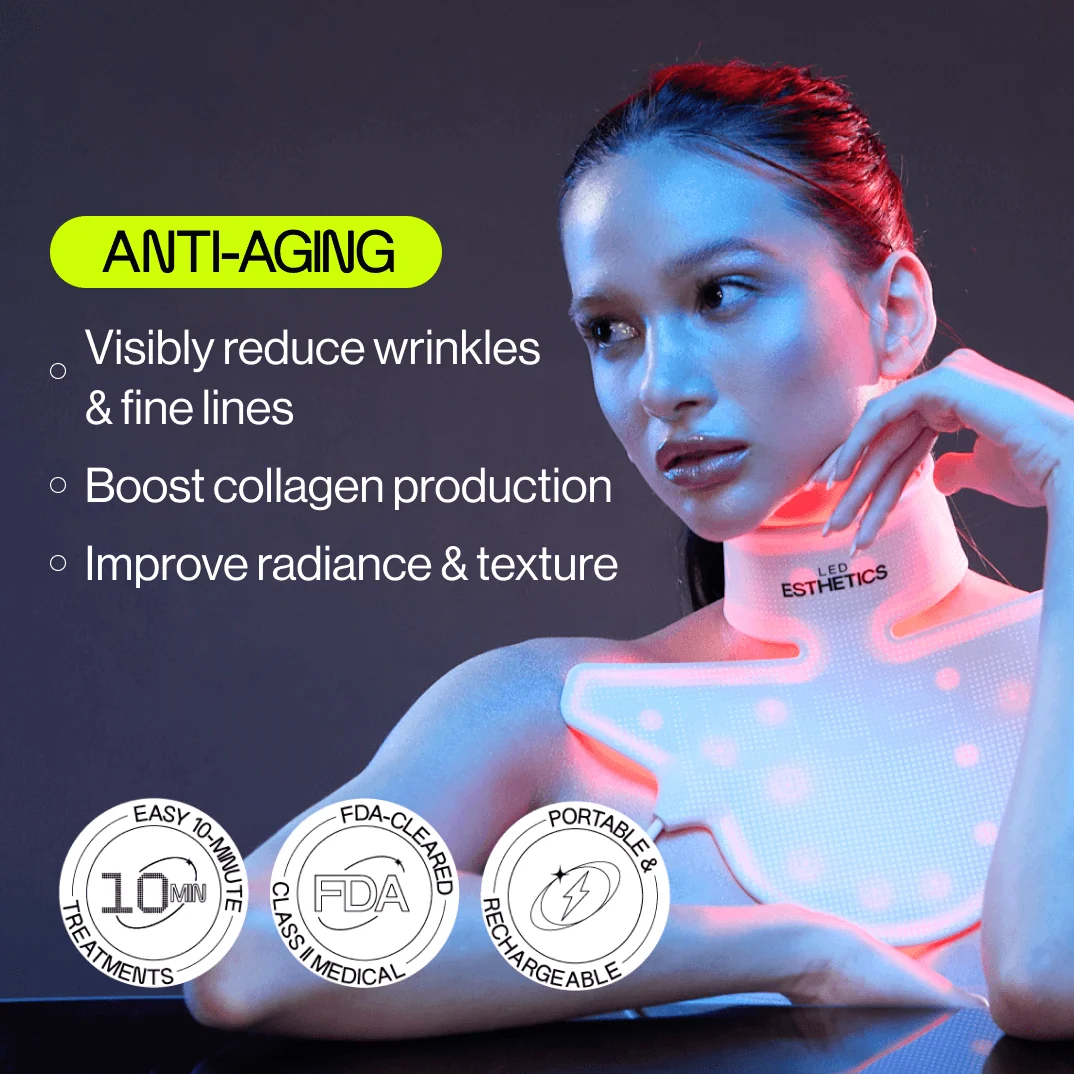 Woman receiving an anti-aging treatment with text highlighting benefits and features.
