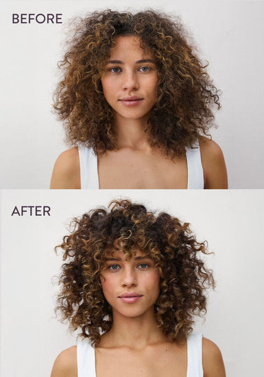Before and after comparison of a woman with curly hair on a plain background