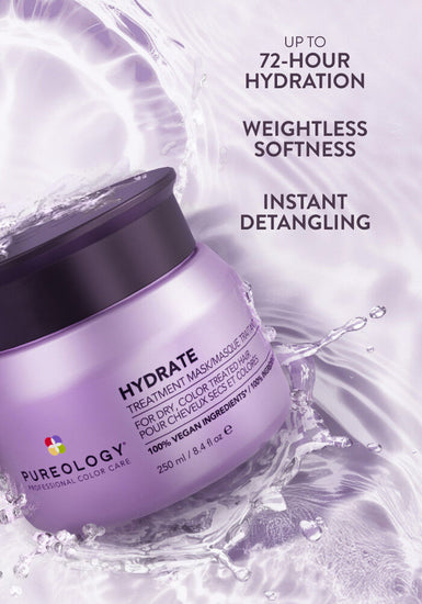 Purple jar of Pureology hair mask with water droplets and product benefits text on a light purple background