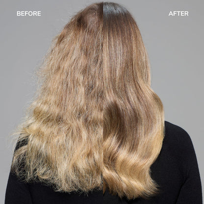 Before and after comparison of wavy hair on a gray background
